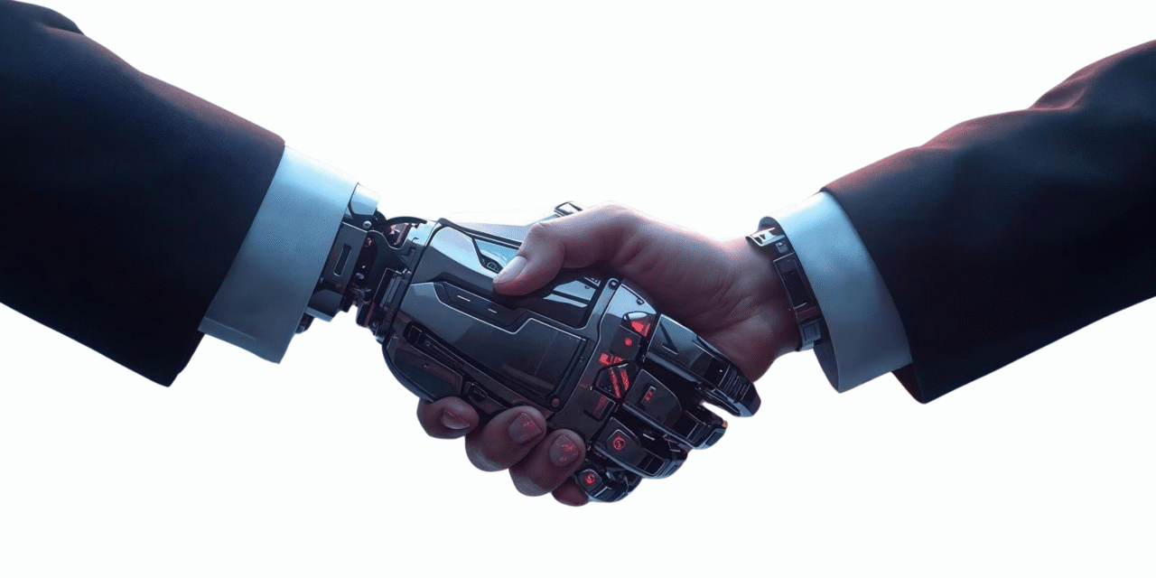 human and robotic hand partnership symbolizing AI collaboration in Google Ads