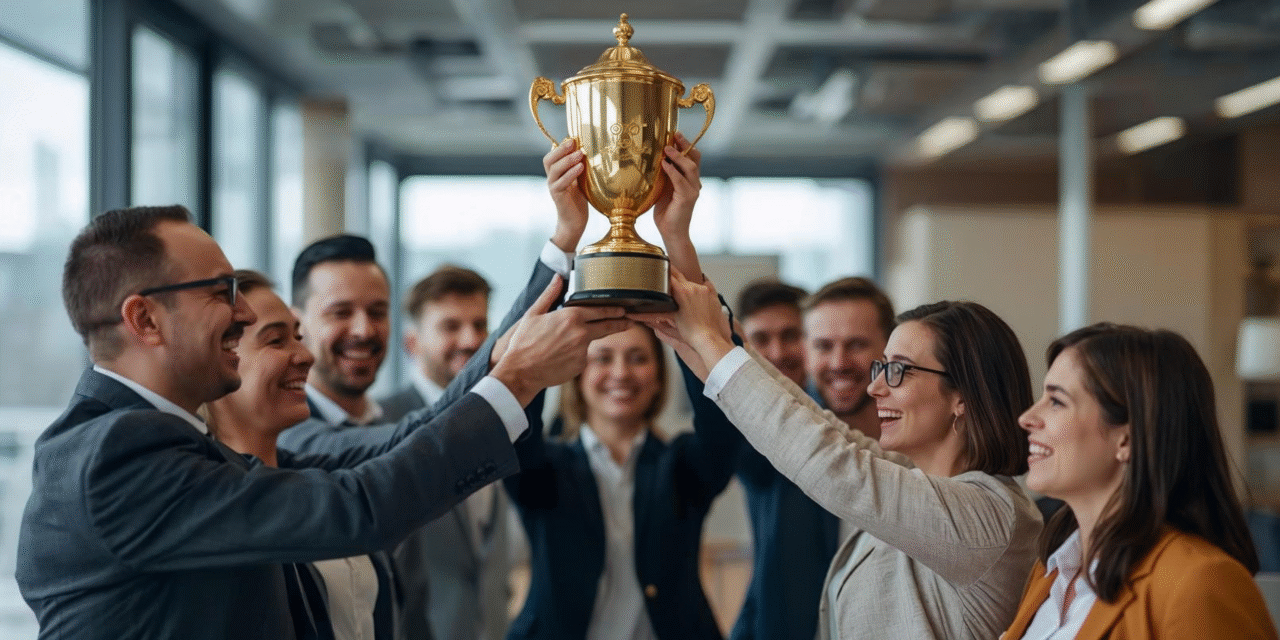 Team celebrating project progress with a trophy