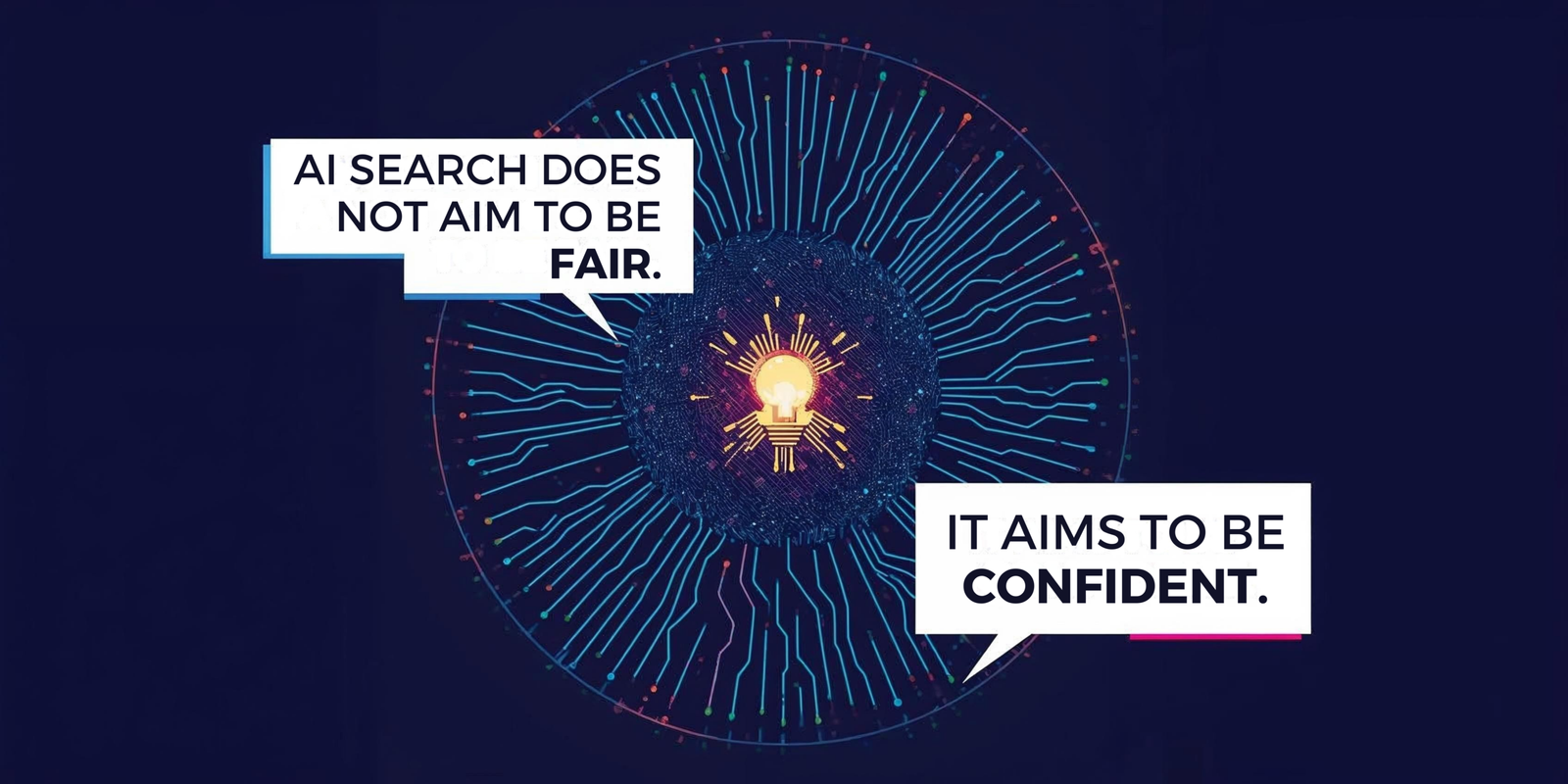 Illustration showing that AI search does not aim to be fair. It aims to be confident. Creating AI Visibility Gap.