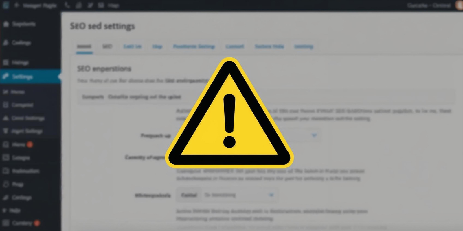 SEO settings panel with caution symbol
